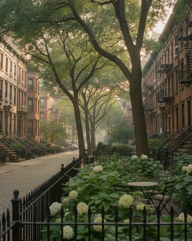 Tree-lined urban courtyard with brownstone buildings, white hydrangeas, and seating area
