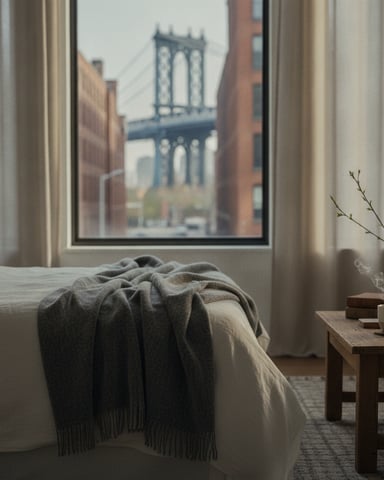 Bedroom with bed, throw blanket, and window view of suspension bridge between brick buildings