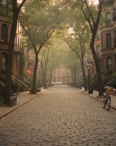 Tree-lined cobblestone street with historic red-brick townhouses and a bicycle parked on the right side