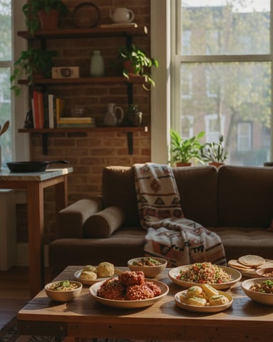 Living room with wooden shelving, brown sofa, and wooden table displaying various Middle Eastern dishes and bowls