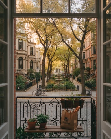 View from open window onto tree-lined urban courtyard with brownstone buildings and bicycle parked below