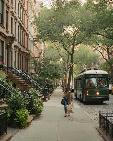 Tree-lined city street with historic brownstone buildings, green bus, and pedestrian carrying shopping bags