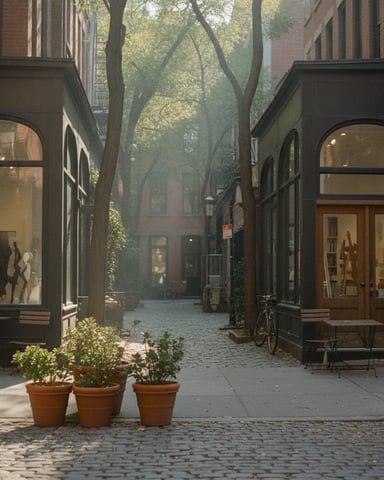 Narrow brick courtyard with storefronts, potted plants, bicycle, and trees overhead