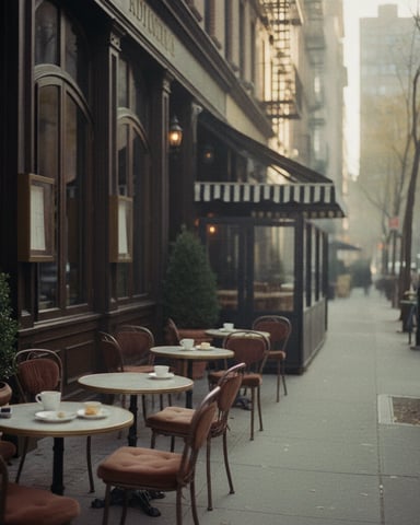 Outdoor café seating along narrow urban alley with dark storefronts and tall buildings