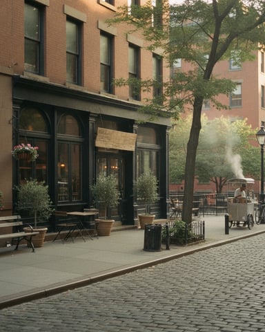 Brick building with ground-floor storefront, outdoor seating, and tree-lined cobblestone courtyard