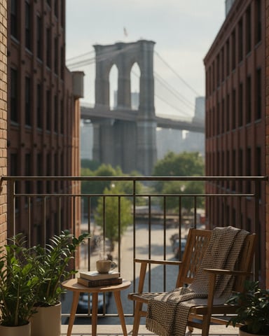 Brick balcony with chair and small table overlooking suspension bridge between industrial buildings