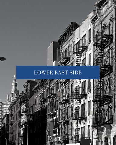 Lower East Side street with historic tenement buildings and fire escapes, black and white photograph