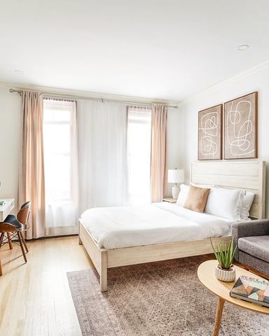 Bright studio bedroom with queen bed, gray sofa, TV, potted plant, and floor-to-ceiling windows with sheer curtains