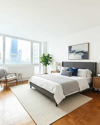 Modern bedroom with gray upholstered bed, wood nightstands, floor-to-ceiling windows overlooking city skyline, and mid-century furniture.