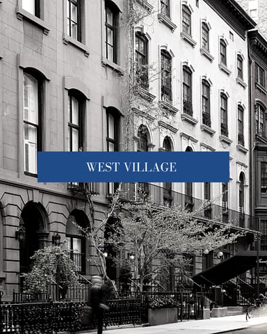 West Village historic townhouses with arched windows and bare trees lining street-level storefronts