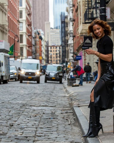 Woman in black outfit posing on cobblestone street in downtown Manhattan with historic buildings and traffic