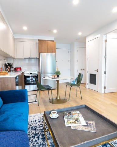 Open-plan apartment with blue sofa, kitchen with stainless steel appliances, dining table with green chairs, and TV on wooden stand