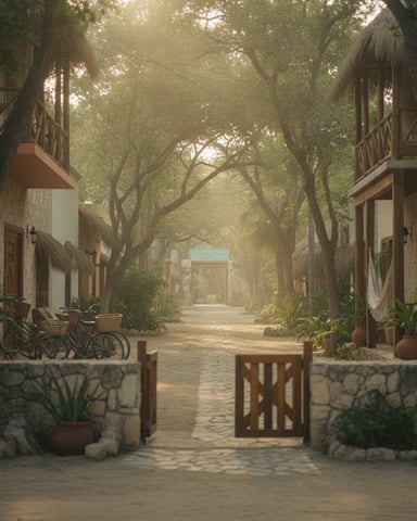 Shaded courtyard lined with whitewashed buildings, mature trees, potted plants, and wooden gate in foreground