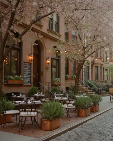 Outdoor restaurant patio with blooming cherry trees, copper planters, and brick townhouses lining the street.