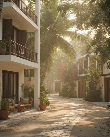 Tropical courtyard with white buildings, palm trees, stone pathway, and flowering vines overhead