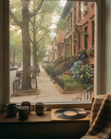 Window view of tree-lined brownstone street with blue hydrangeas and parked bicycles