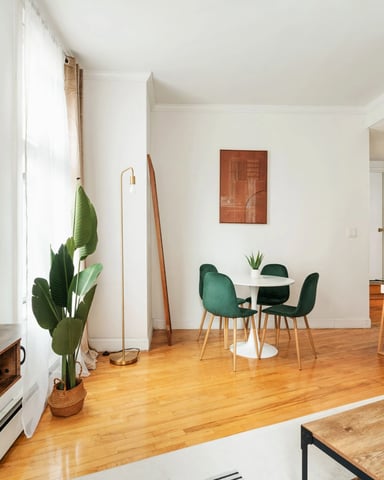 Bright open-plan living room with wooden floors, TV, dining table with green chairs, and potted plants