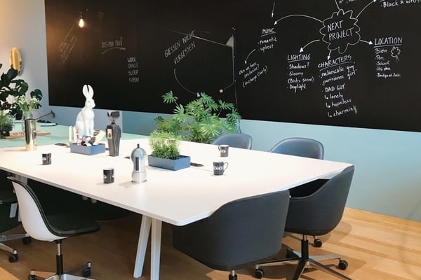 Modern office workspace with white table, black chairs, potted plants, and large blackboard wall with project notes and sketches